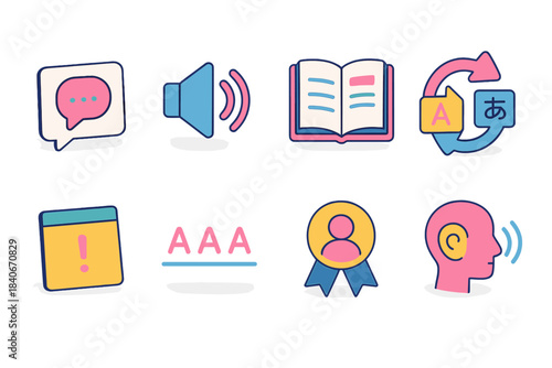 Language Learning Icons. Language education icons isometric flat set: phrase card, sound mark, open textbook, translation loop, memory note, spelling line, learner badge, listening