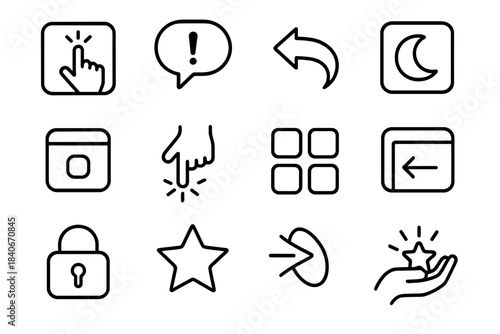 Empowerment Tool Icons. User Empowerment Tools linear set: intuitive UI tile, quick-tip bubble, error recovery arrow, comfort mode icon, device familiarity card, empowered click