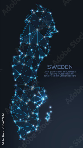 Low-poly vector map of Sweden featuring glowing city lights and population density illustrated through star-like dots and cosmic shapes.