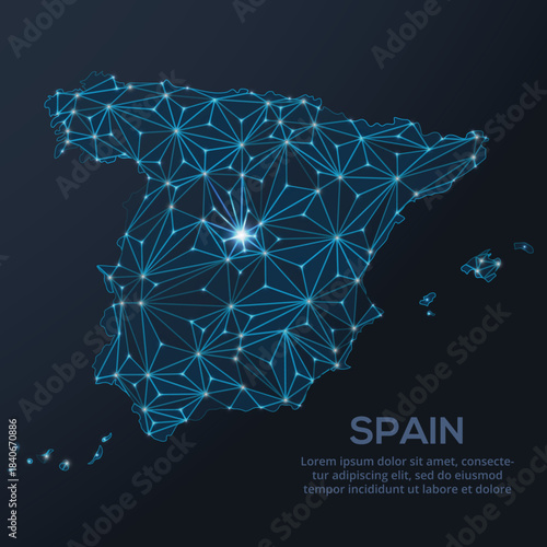 Low-poly vector map of Spain featuring glowing city lights and population density illustrated through star-like dots and cosmic shapes.