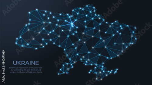 Low-poly vector map of Ukraine featuring glowing city lights and population density illustrated through star-like dots and cosmic shapes.
