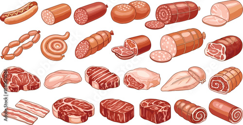 Meat product collection, sausages, ham, bacon, steak, poultry, processed and raw cuts, flat vector illustration