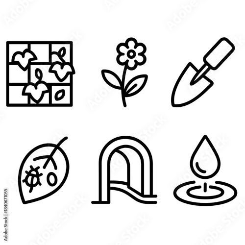 Urban Nature Icons. Urban Nature Exploration linear set: green wall tile, street blossom, community garden tool, microhabitat leaf, shaded archway, water feature droplet.