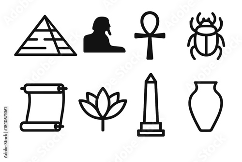 Ancient Egyptian Icons. Ancient Egypt set linear set: pyramid, sphinx silhouette, ankh symbol, scarab beetle, papyrus scroll, lotus flower, obelisk, clay pot.