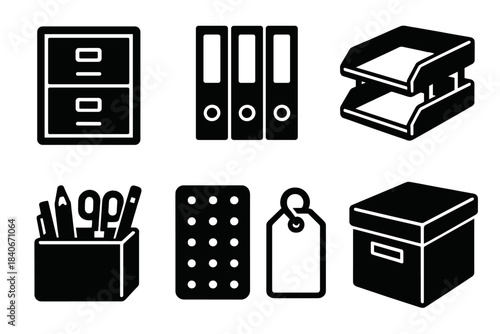 Workspace Icon Set. Workspace Organization Set silhouette set: filing cabinet, document folders, cable ties, desktop tray, supply caddy, pegboard layout, label tag, storage cube. [