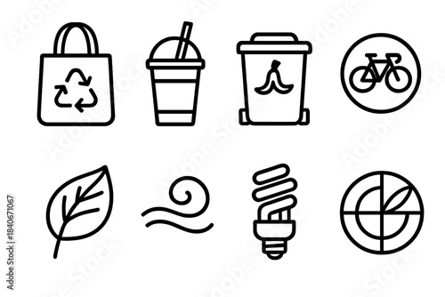 Eco-Friendly Icons. Eco-Living Habits linear set: reusable bag, green smoothie cup, compost bin, low-impact transport symbol, indoor plant leaf, clean air swirl, energy-saving bulb