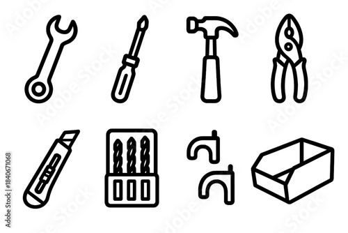 Repair Tools Icons. General Repair Tools linear set: combination wrench, precision driver, mini hammer, grip pliers, blade knife, drill bit pack, fixing clips, storage bin.