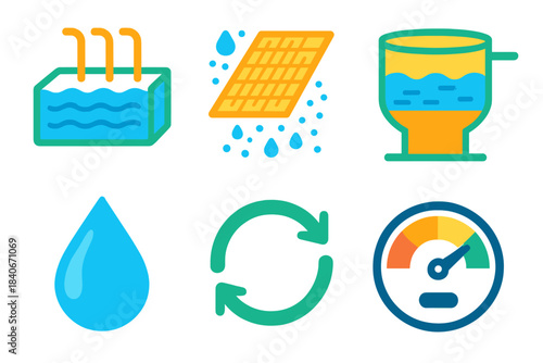 Water Recycling Icons. Water Recycling Pathways flat set: collection basin, filtration screen, sedimentation tank, purified water droplet, recycling loop arrow, quality gauge.