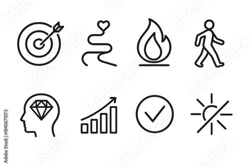 Purpose Symbols Grid. Purpose & Alignment Symbols linear set: mission circle, value-centered path, intention flame, mindful stride, life clarity icon, steady growth bar, reflective