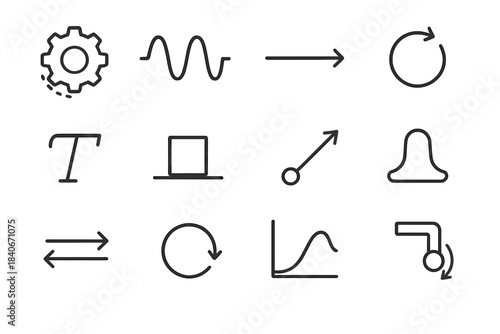 Motion Mechanics Icons. Motion Mechanics linear set: gear rotation, oscillation wave, linear motion arrow, rotational path, torque symbol, inertia block, force vector, smooth glide