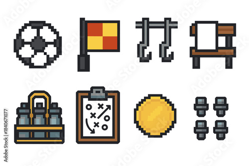 Soccer Match Essentials. Competitive Match Tools set of icons in flat pixel vector style: kickoff ball, assistant referee flag, net fasteners, bench towel, hydration rack, tactical
