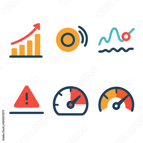 Modern Alert Icons. Early Warning Signals flat set: precursor spike icon, subtle alert ring, anomaly trend line, risk cue marker, caution channel, readiness gauge.