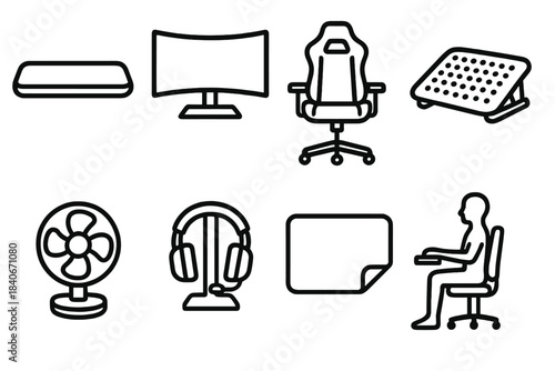 Sleek Gaming Setup Icons. Ergonomic Gaming Setup linear set: wrist rest, curved monitor, adjustable chair, footrest, airflow fan, headset stand, mousepad edge, posture silhouette.