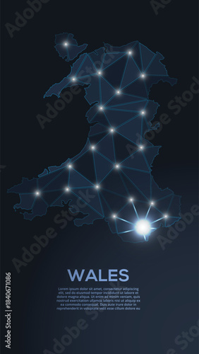 Wales, map, europe, country, digital, network, technology, glowing, neon, lines, connection, polygon, mesh, geometric, abstract, contour, outline, vector, futuristic, infographic, communication, cyber
