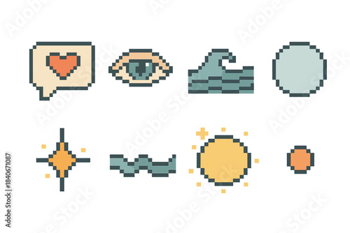 Pixel Art Emotions. Emotional Observation pixel style set: heart bubble, mindful eye, gentle wave, reflection circle, mood spark, awareness line, soft glow, feeling dot.
