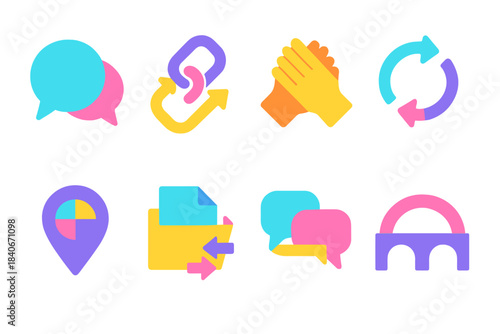 Interpersonal Icon Set. Interpersonal connection icons isometric flat set: talk circle, link arrow, cooperative hands, exchange loop, unity marker, shared file, communication