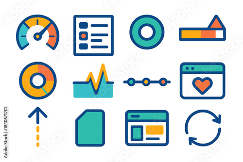 Modern System Monitoring Icons. Real-Time System Monitoring flat set: live-metric gauge, event stream tile, status heartbeat dot, alert threshold bar, performance load ring,
