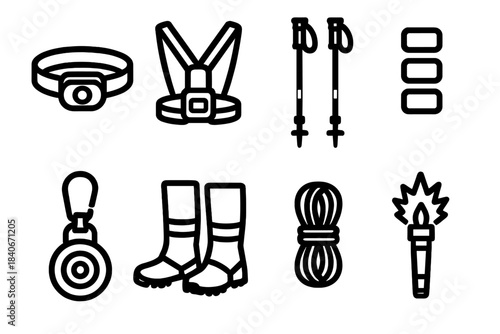 Trek Essentials Icons. Outdoor Night Trek Essentials linear set: trail headlamp, chest-mounted running light, reflective trekking poles, glow-marker tabs, LED lantern clip,