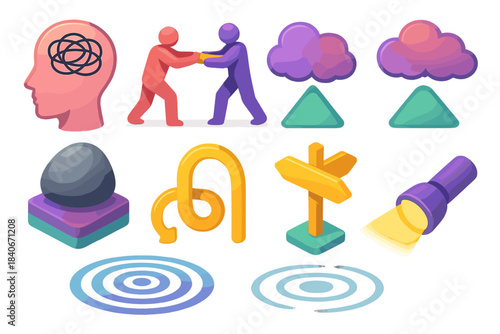 Inner Tension Icons. Inner Tension Set flat isometric set: conflicted mind symbol, push–pull forces, dual-thought cloud, emotional weight stone, hesitation loop, crossroads marker,