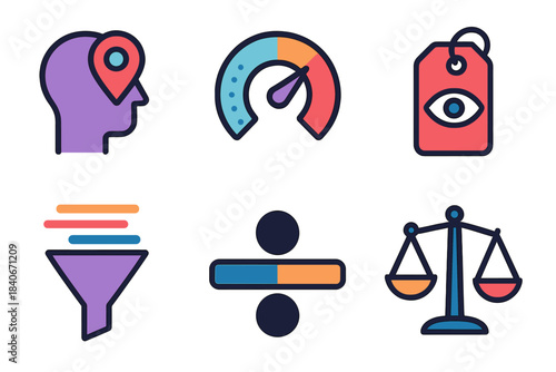 Perception Decision Icons. Perception-Driven Decision Shifts flat set: altered viewpoint icon, contrast effect dial, misleading cue tag, perception filter, weighted bias bar,