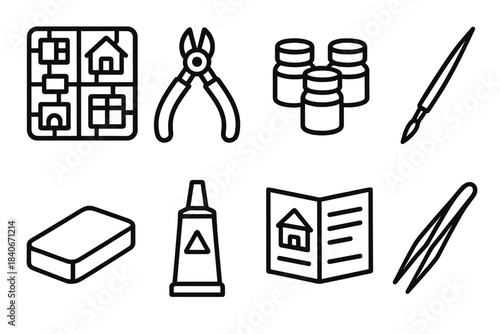 Miniature Building Essentials. Miniature Building Kits linear set: miniature parts frame, hobby clippers, sanding block, sculpting putty, acrylic paint jars, fine-tip brush,