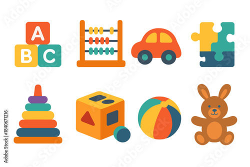 Vibrant Early Learning Toys. Early learning toys flat set: alphabet blocks, counting beads, toy car, puzzle tiles, stacking rings, shape sorter, play ball, plush animal.