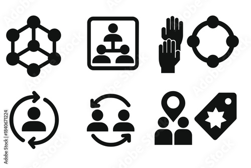 Bold Organizational Icons. Peer-driven organizational systems silhouette set: peer node cluster, shared governance tile, collective decision bar, consensus ring, role rotation icon