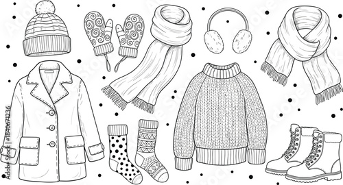 Winter clothing collection, coat, sweater, hat, mittens, socks, boots, scarf, earmuffs, snowflake pattern, flat vector illustration