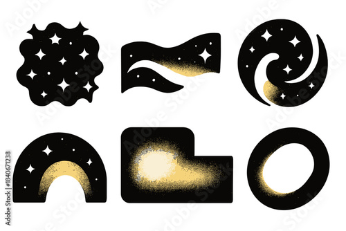 Cosmic Icon Set. Stellar Diffusion Set silhouette set: starfield haze puff, scattered-light wave, cosmic dust curl, multi-spectrum bloom, radiant sky arc, soft-luminosity tile,