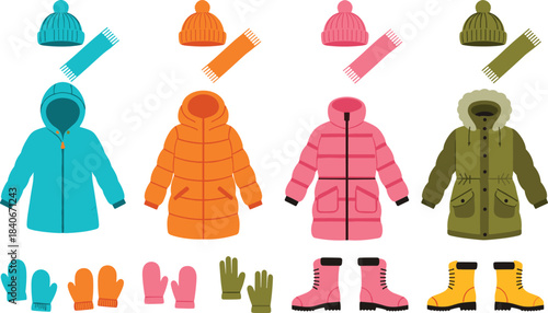 Winter clothing sets, coat, hat, scarf, gloves, boots, seasonal fashion bundle, color coordinated outfits, flat vector illustration