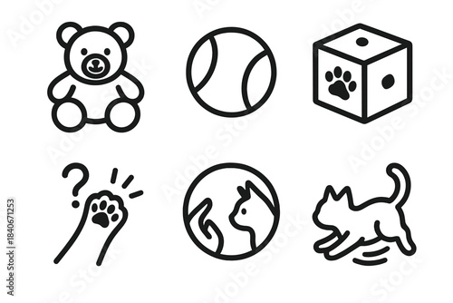 Pet Play Symbols. Social Play Essentials linear set: soft toy, fetch ball, treat cube, interaction circle, curiosity paw, playful motion line.