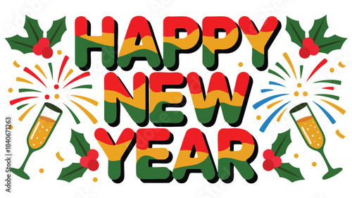 A festive Happy New Year text design featuring colorful block letters with holly leaves berries stars and fireworks motifs suitable for holiday greetings and seasonal decor