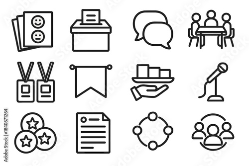 Community Interaction Icons. Community Interaction Tools linear set: feedback cards, suggestion box, group chat bubble, workshop table, name lanyards, theme banner, sharing tray,