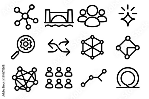 Transdisciplinary Icons Collection. Transdisciplinary Research Models Icons linear set: community nodes, cross-sector bridge, shared knowledge circle, systems lens,