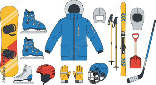 Winter sports gear collection, snowboard, skis, jackets, helmets, boots, gloves, shovel, face masks, flat vector illustration