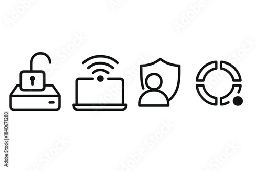 Data Security Icons. Data Protection Weaknesses linear set: unsecured storage tile, interception signal arc, privacy-gap dot.