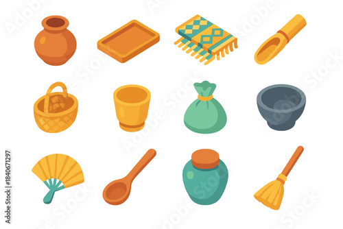 Traditional Utility Icons. Traditional Daily Use Elements isometric flat set: clay pot, wooden tray, woven cloth, bamboo scoop, reed basket, brass cup, herbal satchel, stone bowl,