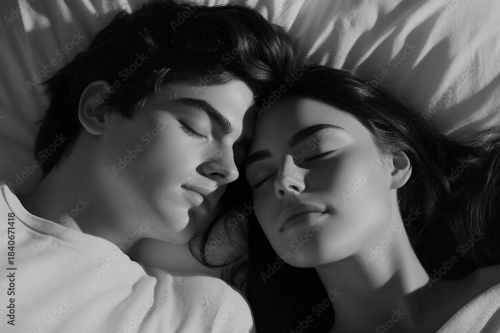Fototapeta premium Generative AI Peaceful Morning Portrait of a Couple Sleeping Together in Bed in Soft Black and White Light