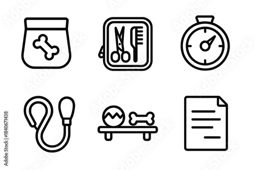 Pet Care Essentials. Pet Care Arrangement linear set: treat pouch, grooming case, meal timer, leash loop, toy shelf, care notes sheet.