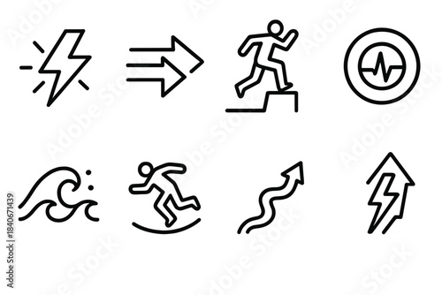 Energetic Adrenaline Icons. Adrenaline Rush Set linear set: energetic flash, rapid movement arrows, bold jump silhouette, near-edge moment, heightened pulse ring, thrill wave,
