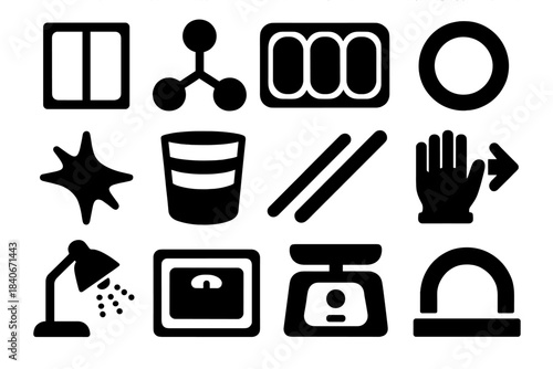 Epoxy Craft Icons. Epoxy Craft Supplies silhouette set: clear epoxy tile, hardener node, mold tray bar, color ring, sparkle patch, mixing cup stripe, stir rod panel, protective