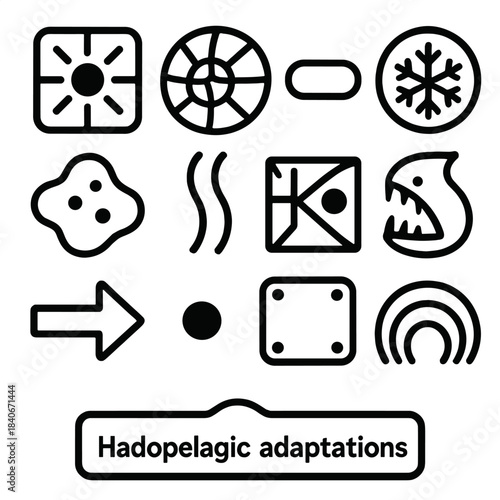 Deep Sea Adaptation Icons. Hadopelagic Adaptation Forms linear set: glow-organ tile, compressive-shell node, low-energy bar, cold-tolerant ring, vent nutrient patch, limb-extension