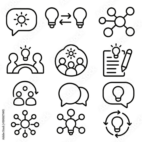 Creative Idea Exchange. Thought Exchange Set linear set: insight bubble, idea transfer arrows, shared mind map, concept flow, creative bridge icon, group thought circle,