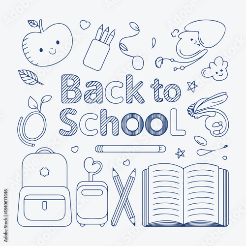 Cute Hand-Drawn "Back to School" Line Art Vector Set with Happy Stationery Items and Backpacks