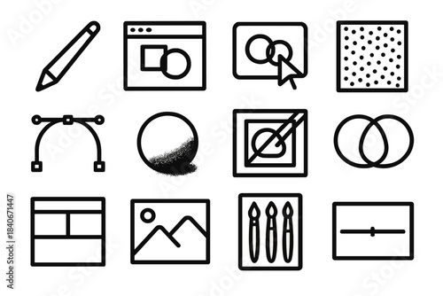 Creative Studio Icons. Creative Digital Studio linear set: stylus pen, artboard window, shape builder icon, texture pattern tile, motion path, shading sphere, clipping mask, blend