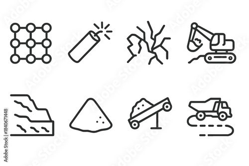 Mining Process Icons. Extraction Process Elements linear set: drill layout grid, explosive charge icon, rock fragmentation mark, excavator dig stroke, bench terrace, soil removal