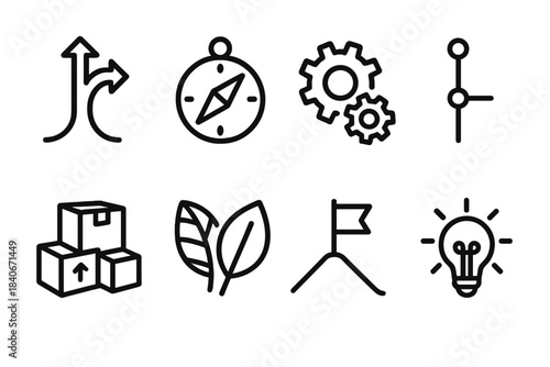 Transformation Journey Icons. Personal Change Path linear set: branching path, compass symbol, shifting gears, timeline marker, moving boxes, transformation leaf, milestone flag,