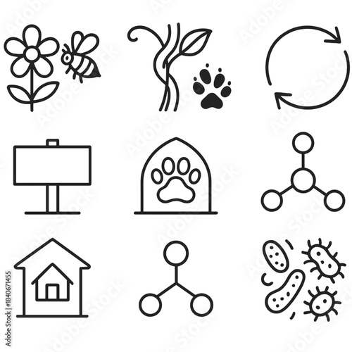 Ecological Icons Series. Ecological Relationship Set linear set: mutualistic flower-bee, parasitic vine, scavenger tracks, nutrient cycle arrow, habitat niche sign, keystone