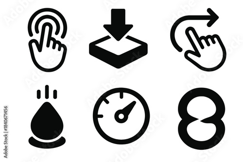 Bold Tactile Icons. Tactile Messaging Frameworks silhouette set: touch pulse icon, force-sensitive tile, gesture path arrow, interaction loop ring, haptic cue marker, clarity gauge