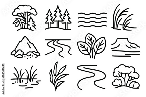 Diverse Habitat Icons. Global Habitat Variety linear set: tropical canopy, boreal pine stand, freshwater lake ripple, coastal dune grass, mountain scree patch, estuary channel,